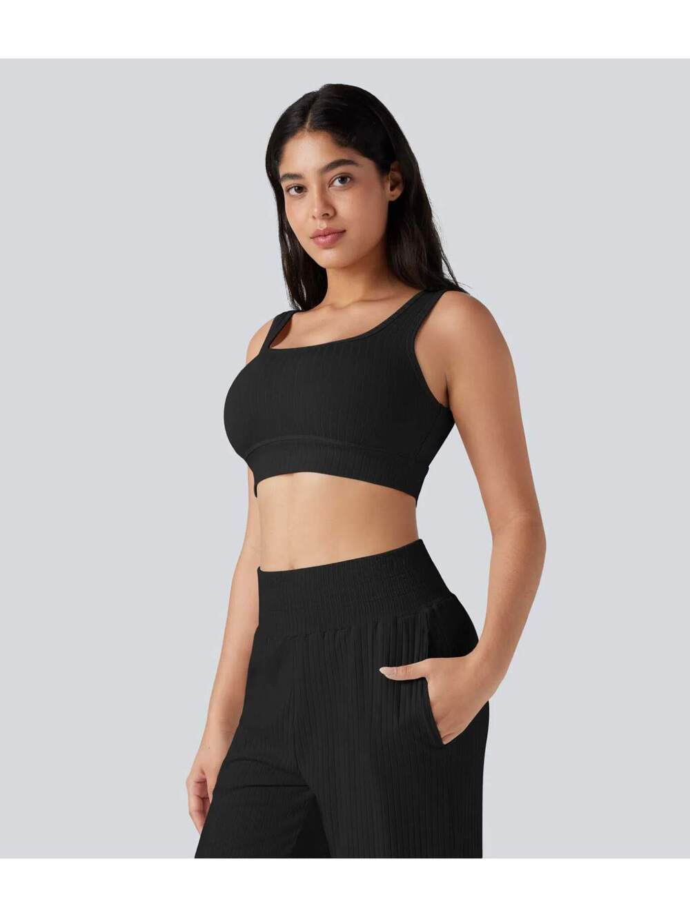 Halara Ribbed Knit U-Neck Cropped Casual Tank Top Black Size XL - Picture 7 of 9